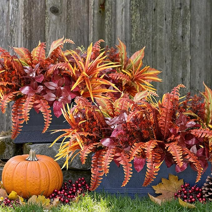 Artificial Fall Plants for Autumn Outdoor Decor Realistic Faux Greenery & Flowers Fake Plastic Leaves with Stems UV Resistant Outside Bushes for Garden Patio and Porch 8Pcs (Fall Color)