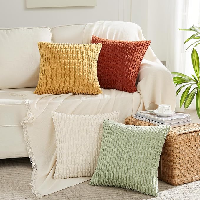 Fancy Homi 4 Packs Boho Fall Small Decorative Throw Pillow Covers 12x12 Inch for Living Room Couch Bed, Modern Farmhouse Home Decor, Soft Plush Striped Corduroy Square Colorful Cushion Case 30x30 cm