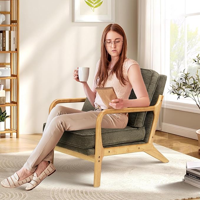 Modern Accent Chair with Lumbar Pillow, Relaxing Mid Century Chair Armchair with Solid Wood Frame & Soft Cushion, Reading Leisure Armchair for Living Room, Green