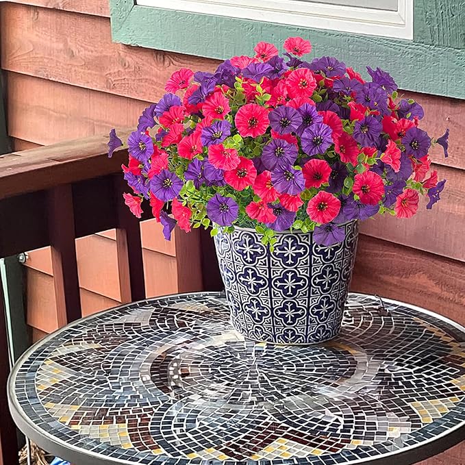 Artificial Flowers for Outdoors Decoration, 10 Bundles Fake Plastic Flower Plant, Faux Colorful Silk Morning Glory Petunias for Outside Garden Porch Front Door Decor, Rose Purple