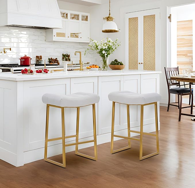 White & Gold Counter Height Bar Stools Set of 3 for Kitchen Counter Modern Backless Barstools with Upholstered Faux Leather Seat and Metal Frame Industrial 24 inch Bar Chairs