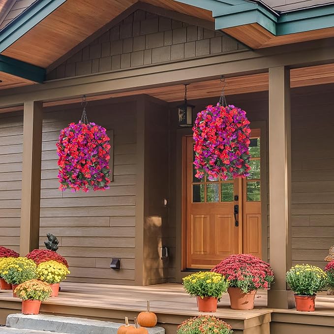 Artificial Bougainvillea Faux Flowers Plants Baskets for Outdoor Outside Decoration, 3PCS Fake Silk Flowers Long Trailing Vines UV Resistant Realistic for Front Door Porch Patio Balcony, PurpleRed