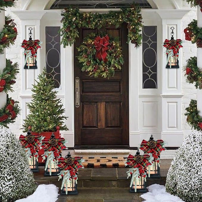 Christmas Decorative Lantern w/LED Flickering Flameless Candle - 14 Inch, Antiqued Vintage Lantern with Xmas Ornament for Outside Indoor Table Holiday Party Decoration