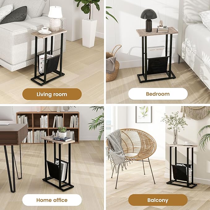 Narrow Side Table with PU Leather Magazine Holder Rustic Slim Little Thin Table for Living Room, Bedroom, Sofa, Grey