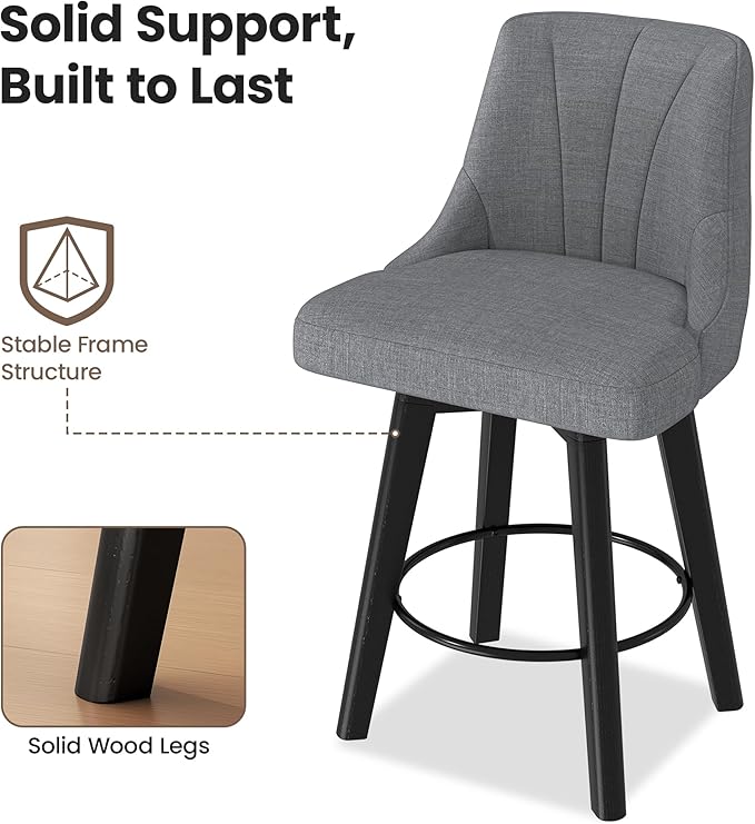 Counter Height Swivel Bar Stool, 24" Upholstered Fabric Barstools Set of 6, Counter Stool Chairs with Back & Solid Wood Legs for Kitchen Island Dining Room (Dark Gray)