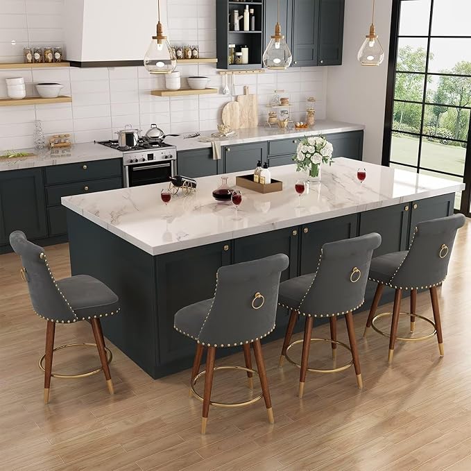 24" Counter Height Bar Stools Set of 4, Swivel Counter Stools with Back, Upholstered Velvet Stools for Kitchen Counter with Wood Legs, Fabric in Gray