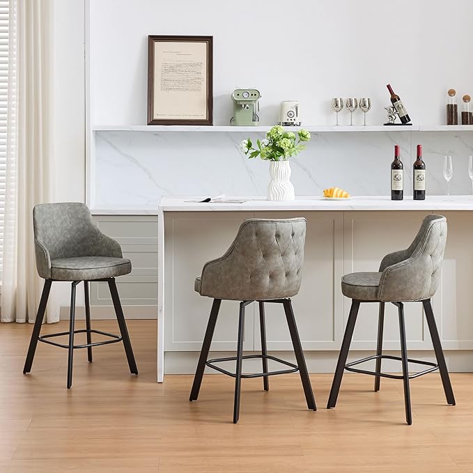 Bar Stools Set of 3, 26" Swivel Counter Height Bar stools with High Back, Faux Leather Kitchen Barstools Counter Height for Kitchen Island (Light Grey, 3PCS 26" Counter Stools)