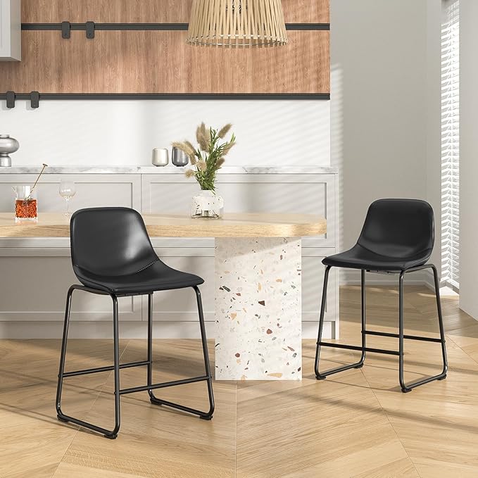 Rfiver Pu Faux Leather Bar Stools Set of 2, Industrial Pub Barstools with Back and Footrest, Modern Armless Bar Height Stool Chairs (Black, 24" Counter Chair x2)