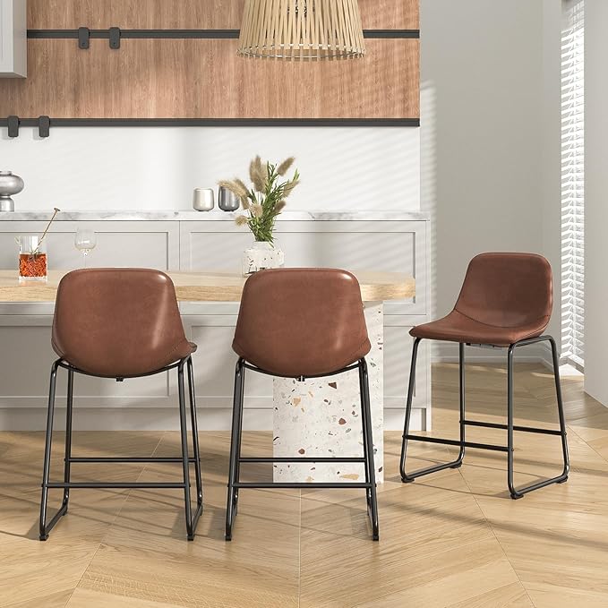Rfiver Pu Faux Leather Bar Stools Set of 3, Industrial Pub Barstools with Back and Footrest, Modern Armless Bar Height Stool Chairs (Brown, 24" Counter Chair x3)