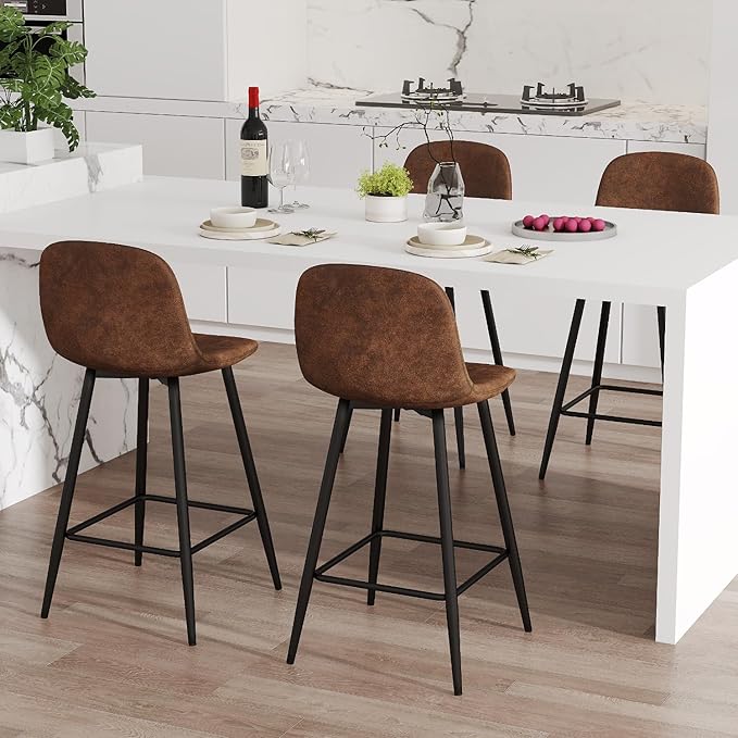 Counter Height Bar stools Set of 4, 24.6" Brown Kitchen Bar Stools with Back & Metal Footrest, Modern Island Chairs Set of 4 for Kitchens Island Home Bar