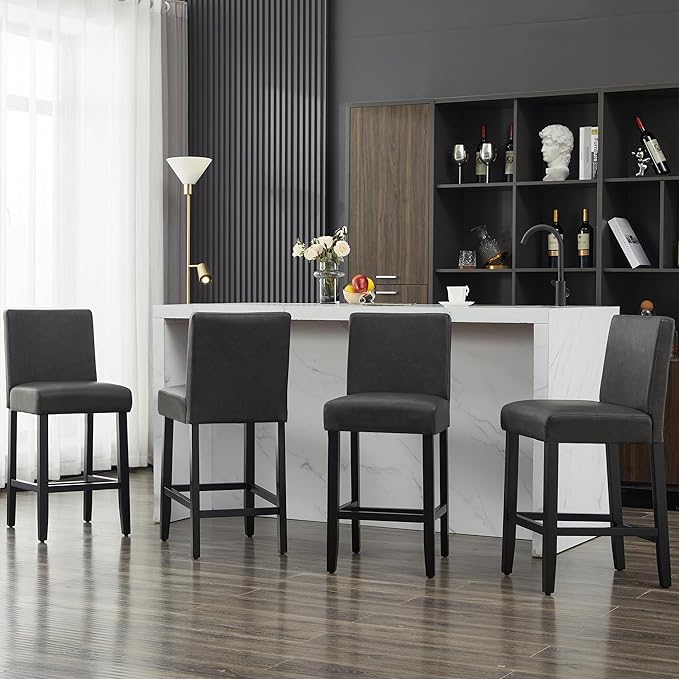 26'' Faux Leather Bar Stools Set of 4, Modern Upholstered Bar Height Bar Chairs, Soild Wood Legs Barstools with Back, Black