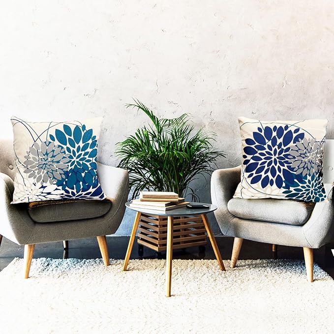 Blue Decorative Throw Pillow Covers 20x20 Inch Pillow Covers for Couch Living Room Bedroom Car Outdoor.Modern Sofa Throw Pillow Cover.Farmhouse Geometric Floral Linen Square Pillow Case.Set of 2