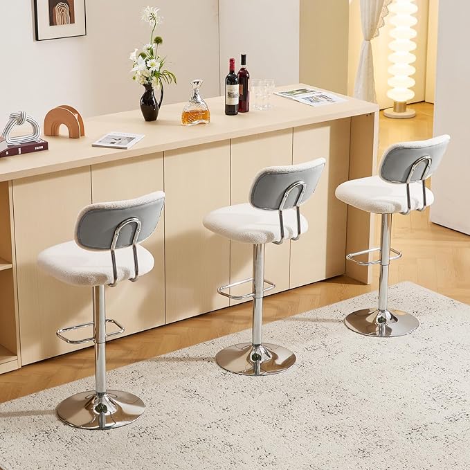 Furniliving Adjustable Bar Stools Set of 2, Modern Teddy Velvet Swivel Barstools with Curved Back, Stylish Armless Counter Height Bar Stools Bar Chairs for Kitchen Island, Bar, Grey