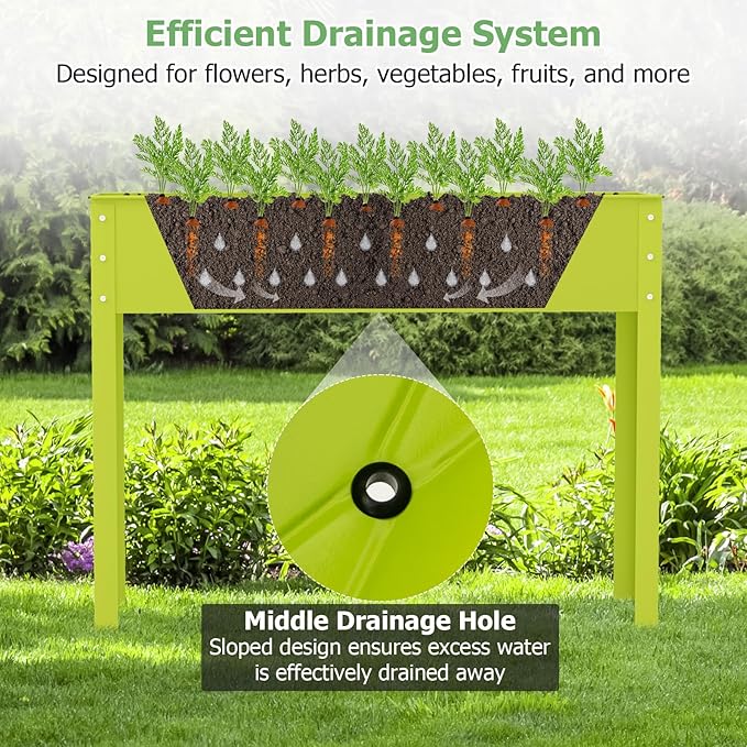 HAPPYGRILL Raised Garden Bed, 31.5” Elevated Planter Box w/Legs, Drainage Hole, Hemming Design, Metal Garden Box for Vegetable Herb, Outdoor Raised Beds for Gardening, Backyard Porch Balcony, Green