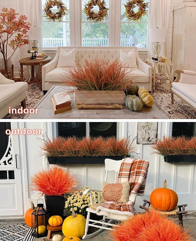 Artificial Fall Plants for Outdoors,Fake Grass Plant,Fall Leaf Stems,UV Resistant Greenery Fake Bushes Artificial Shrubs Wheat Grass Greenery Burnt Orange Plant Filler for Autumn House (Orange)