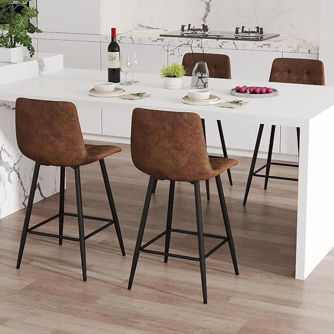 Brown Barstools Set of 4, 24.4" Counter Height Bar Stools with Back & Metal Footrest, Modern Island Chairs Set of 4 for Kitchens Island Home Bar