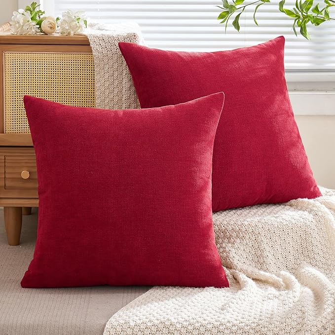 MIULEE Red Couch Pillow Covers 18x18 Inch, Set of 2 Soft Chenille Decorative Square Throw Pillow Covers Christmas Farmhouse for Sofa Living Room Bed