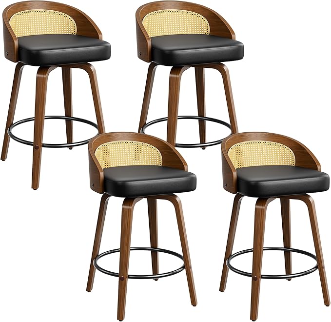 Swivel Bar Stools Set of 4, 26" Upholstered Faux Leather Barstools with Bentwood Legs, Mid Century Modern Counter Height Bar Stools with Rattan Back for Kitchen Island, Dining Room, Black