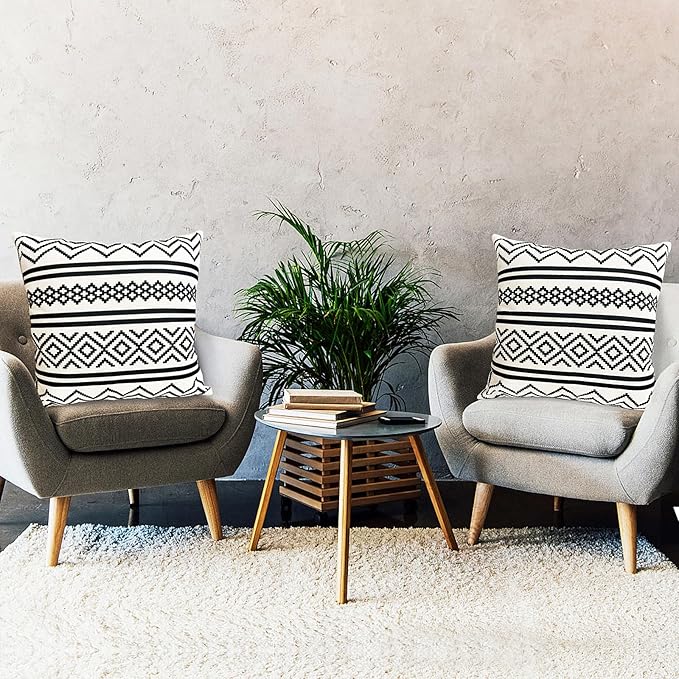 Decorative Throw Pillow Covers Set of 2 Black Boho Pillow Covers 16x16 Inch Throw Pillow Cover Linen Pillowcase Modern Boho Farmhouse Outdoor Pillow Covers for Couch Sofa Bed Living Room