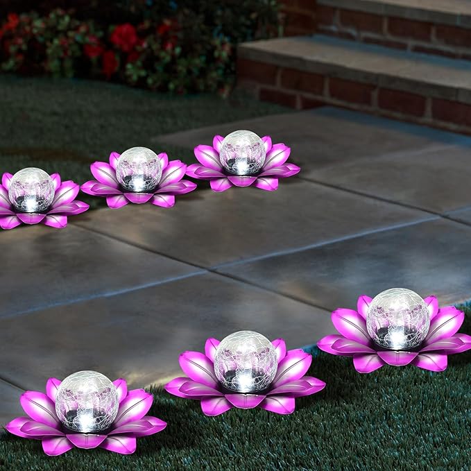 LEWIS&WAYNE Solar Garden Lights Outdoor, 3 Pcs Purple Lotus Flower Pathway Lamps with Cool White Crackle Glass Globe Led Lights for Patio Pathway Yard Balcony Garden Decorations