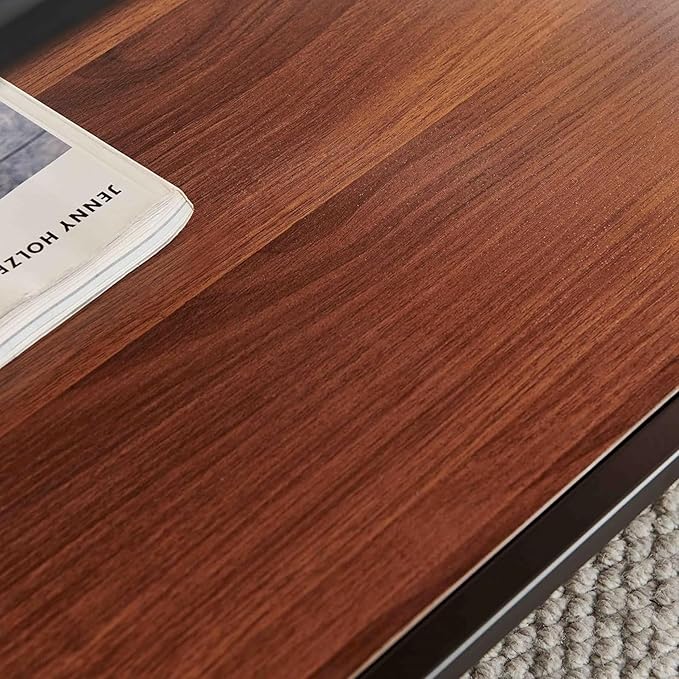 Shrine Glass Coffee Table, Modern Design, Dual-Layer Coffee Table for Living Room, Black-Plated Metal Frame, Brown Glass Top, Walnut Wood Panels