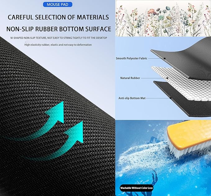 Cute Wild Flower Desk Mat, Boho Aesthetic XL Large Extended Gaming Mouse Pad Desk Pad with Stitched Edges 31.5x11.8 in, Computer Laptop Mousepad Keyboard and Mouse Mat for Women Office Desk Decor