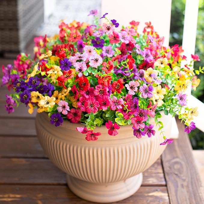 Artificial Flowers for Outdoor Indoor Garden Home Decoration, Faux Flower Daisy with Eucalyptus Leaves Fake Plants Greenery Boxwood Porch Patio, 12 Bundles (6 Multicolor)