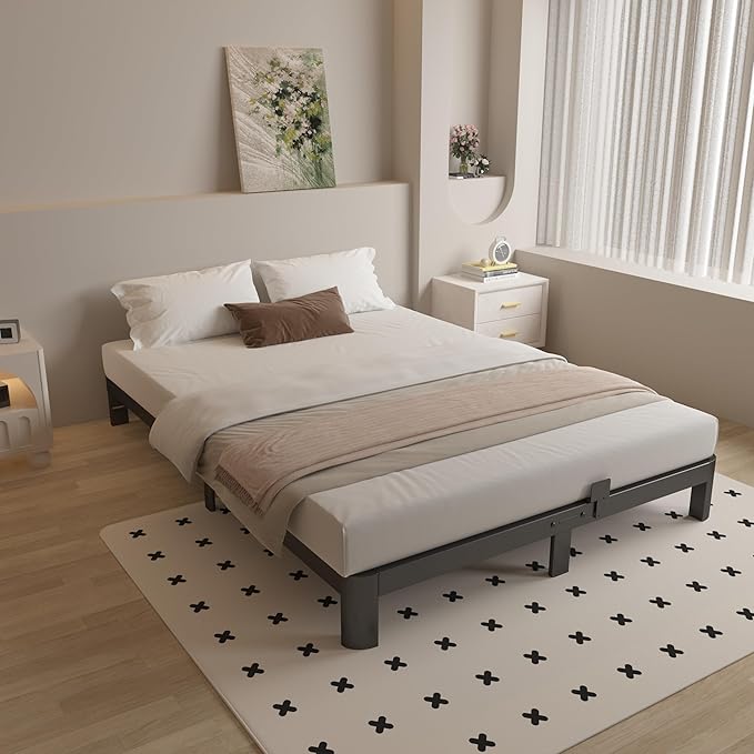4 Inch Full Size Bed Frame with Metal Gaskets, Black Bed Frame Full No Box Spring Needed, Rounded Corner Design, Heavy Duty Steel Platform Support, Reserved Holes, Noiseless, Easy Assembly