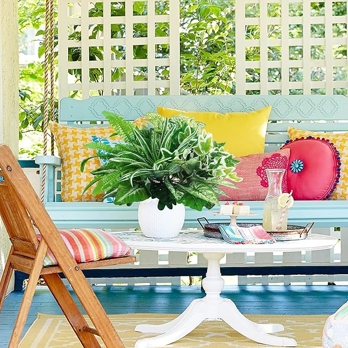 16 Bunches Fake Plants Outdoor UV Resistant Artificial Bushes Green Boxwood Shrubs Faux Plastic Plants Greenery Stems for Spring Outdoor Garden Patio Front Porch Yard Home Decor