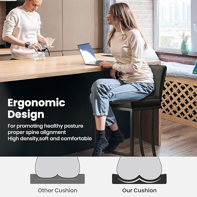 PHI VILLA Dark Grey Bar Stools Set of 3, Faux Leather Counter Height Chairs, Kitchen Stools for Island, 24 Inch Barstools with Back