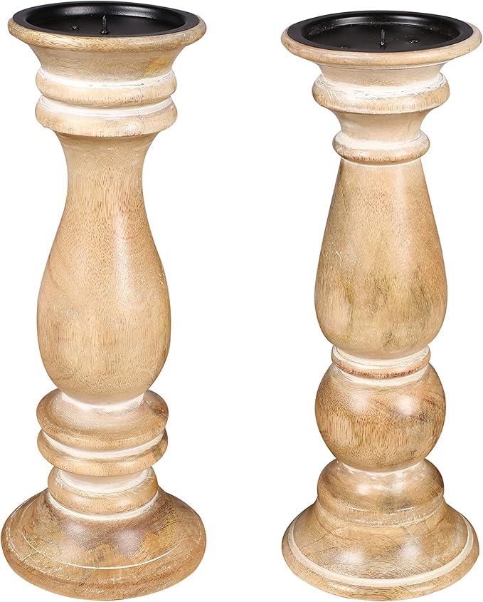 Candle Holder Set of 2 – White Wash Finish Wooden Pillar Stands – 12x4.5 inch, Decorative Candle Holders for Table Centerpiece, Wedding, Party, Home Décor, Spa, Farmhouse Gift