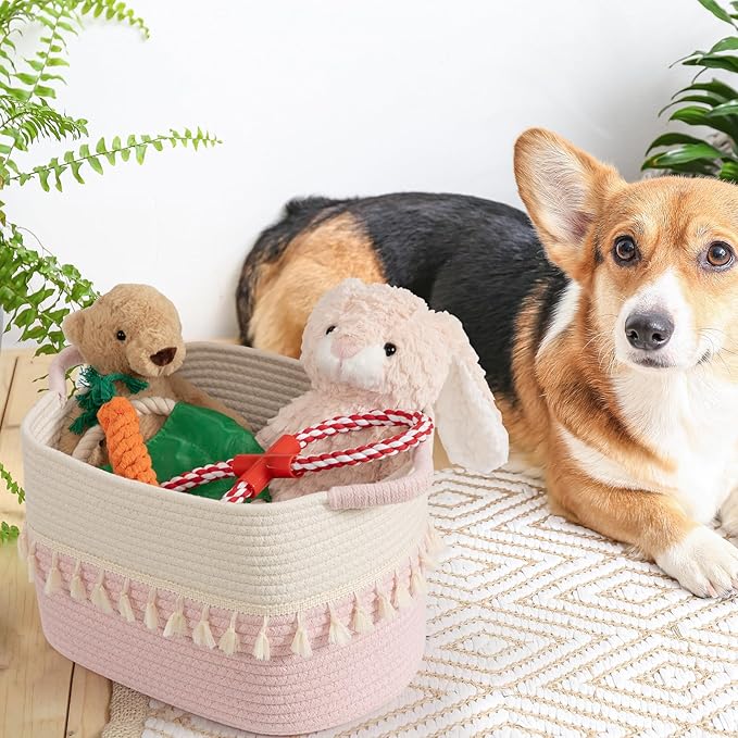 TeoKJ Storage Baskets 3 Packs, Storage Basket for toys,Towel, Storage Bins, Woven Basket for Shelves Bedroom Laundry Nursery, White & Pink