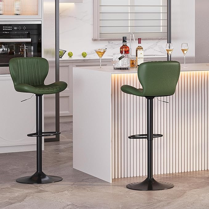 SUNLEI Swivel Swivel Bar Stools Set, Barstools Counter Height with Shell Shaped Backrest, Adjustable Moder Stools Pu Leather Bar Stool for Kitchen Counter, Island, Bars, Dining Room(Green, Set of 2)