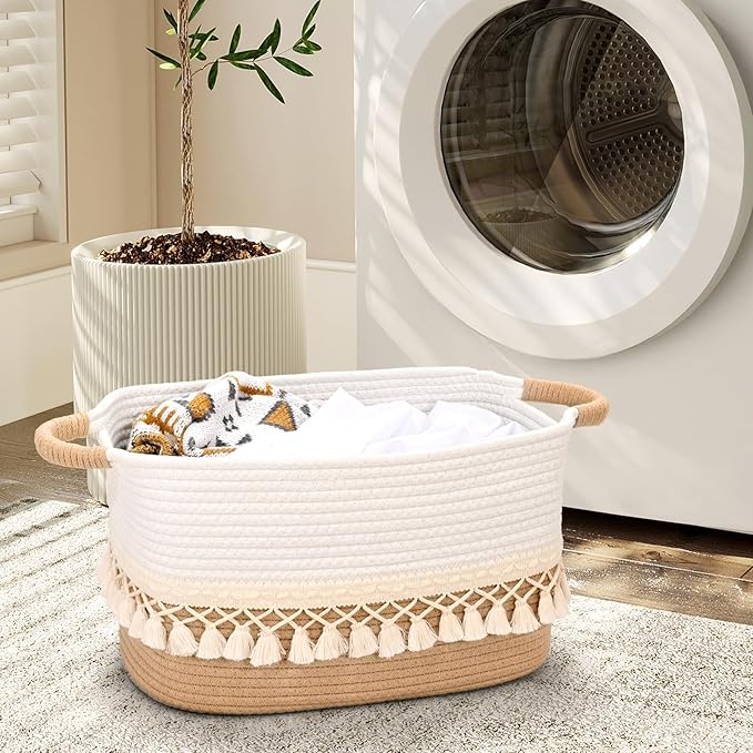 3 Pack Storage Basket for Shelves, Boho Cotton Rope Storage Bins with Heavy Tassel, Shelf Baskets Large Woven Baskets for Organizing, Cube Organizer Bins, Baby Laundry Basket for Clothes, Toys, Pets