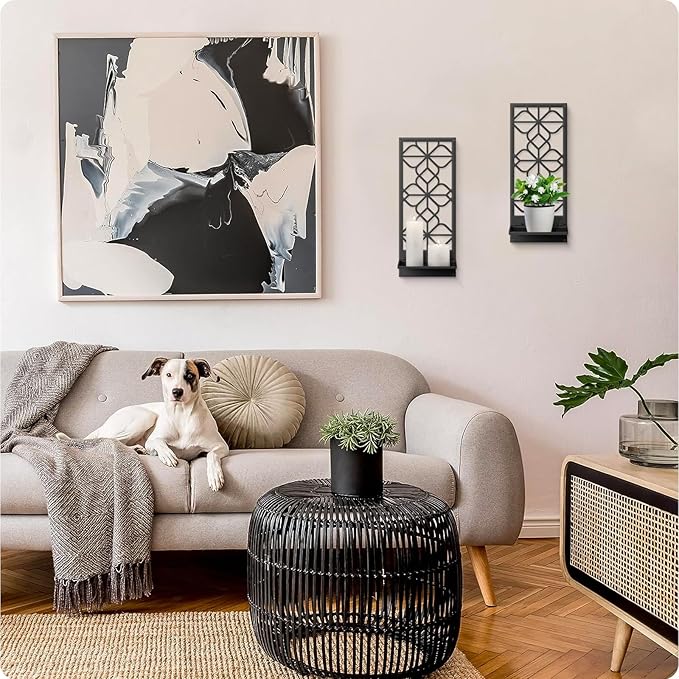 Black Metal Wall Art Decor, Minimalist Retro Line Wall Candle Holder Set of 2, for Living Room, Dining Room, Bedroom, Bathroom (16.5 x 7 in)