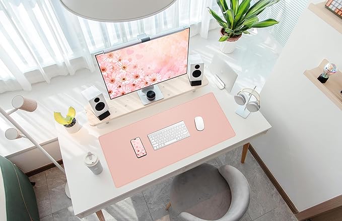 Leather Desk pad Protector, Large Desk mat with Natural Cork & PU Leather,Mouse pad,Non-Slip Office Desk Mat,Waterproof Desk Writing Pad for Office and Home (35in*17in, Rose Pink)