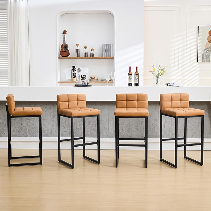 Bar Stools Set of 4, Upholstered Bar Height Barstools with Back and Thickened Metal Frame, Modern 30-inch Tall Bar Chairs for Kitchen Island, Bar, Counter (Caramel Brown, 4Pcs 30" Bar Stools)