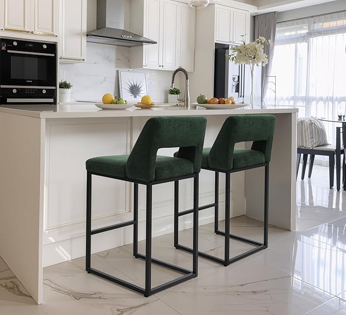 Counter Height Bar Stools Set of 3 for Kitchen Counter Modern Bar Chairs with Backs for Kitchen Island with Upholstered Fabric Seat and Metal Frame, Green, 26 Inch