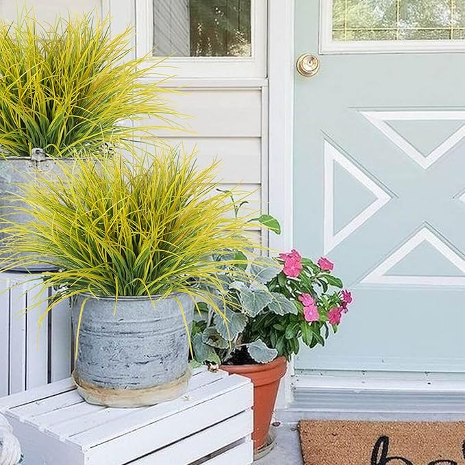 RECUTMS Fake Grass Plant,Fake Plants Outdoor, Artificial Grass, UV Resistant Fake Bushes Plastic Artificial Greenery Shrubs, Faux Greenery for House Garden Patio Front Porch Indoor Decor(Yellow)