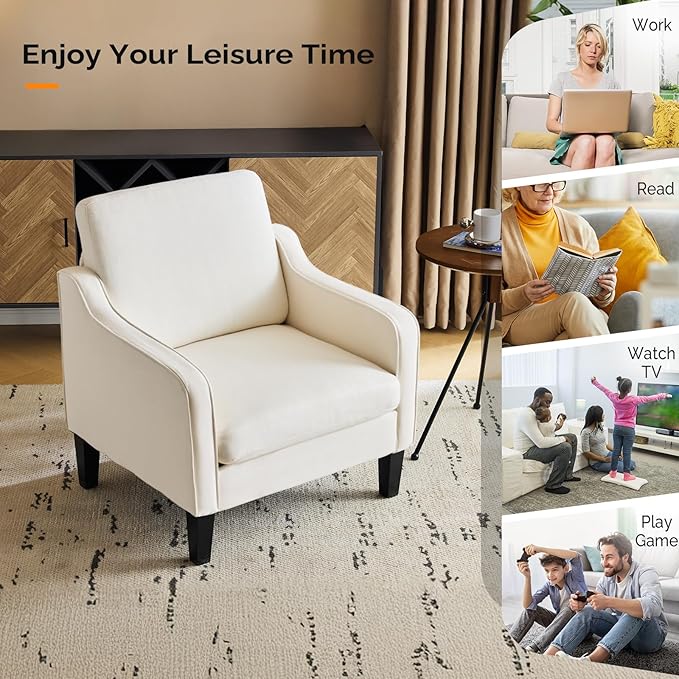 VINGLI Mid Century Modern Fabric Accent Chair,Beige for Living Room Upholstered Armchair with Scooped Arms for Bedroom,Apartment,Studio,Office,Waiting Room,Beige