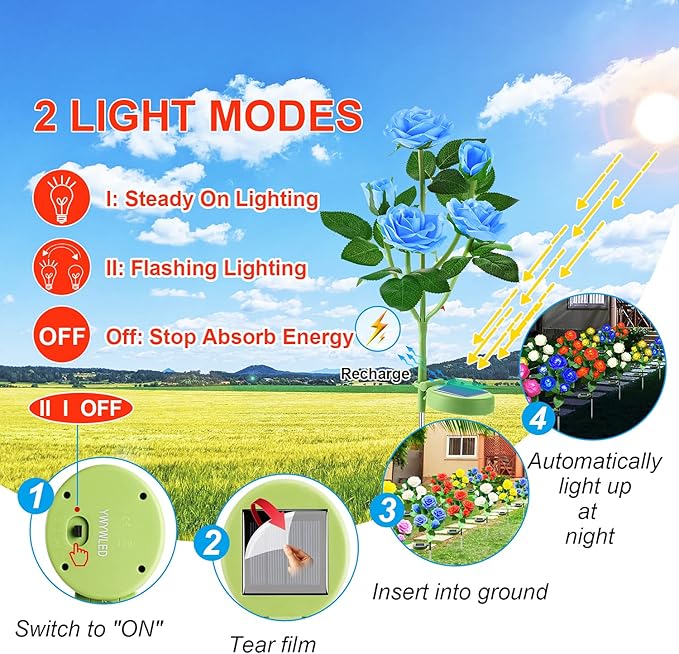 Solar Flower Lights Outdoor - Upgraded New Material Two Modes Realistic LED Solar Powered Waterproof Lights with 5 Roses, Solar Flower Decorativ for Garden (Blue, 1 Pack)