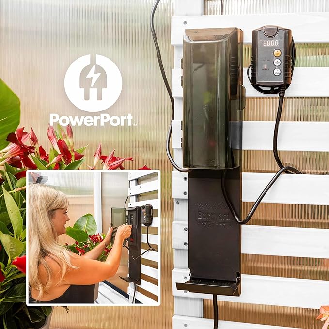 Backyard Discovery Bellerose 9' x 6' White Cedar Wood and Polycarbonate Walk-in Greenhouse Kit with Pergola, Exhaust Fan, Window, Hose Hook-Ups, PowerPort, Staging Shelves for Outdoor Gardening