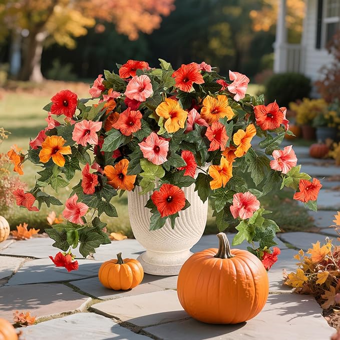 Artificial Fake Fall Flowers Plants for Outdoor Decoration, 2PCS Fall Silk Faux Flowers Petunias Planter, No Fade UV Resistant Flower for Garden Porch Yard Patio Window Box Autumn Indoor Decor(Orange)