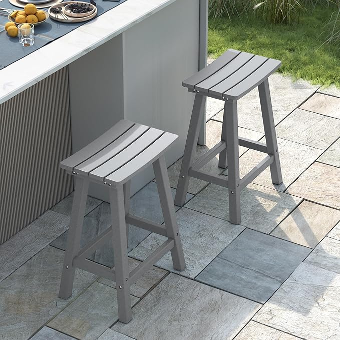 nalone 24 Inch Outdoor Bar Stools Set of 2, HDPE Bar Chairs with Footrest, Weather Resistant Barstools Outside Counter Height Stools for Patio Yard, Balcony (Grey, 24'' Barstools Set of 2)