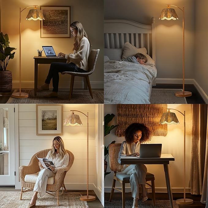 Oneach Rattan Floor Lamp for Bedroom, Boho Floor Lamp with Foot Switch, Farmhouse Standing Lamps for Living Room with Hand-Woven Shade, Walnut Metal Base & Pole