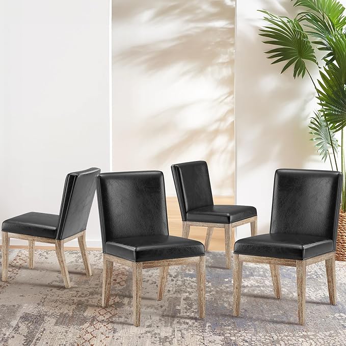 Wooden Dining Chairs Set of 4, Modern Leather Upholstered Dining Room Chair, Kitchen Side Chairs, Farmhouse Dinner Chair with High Back for Kitchen, Black