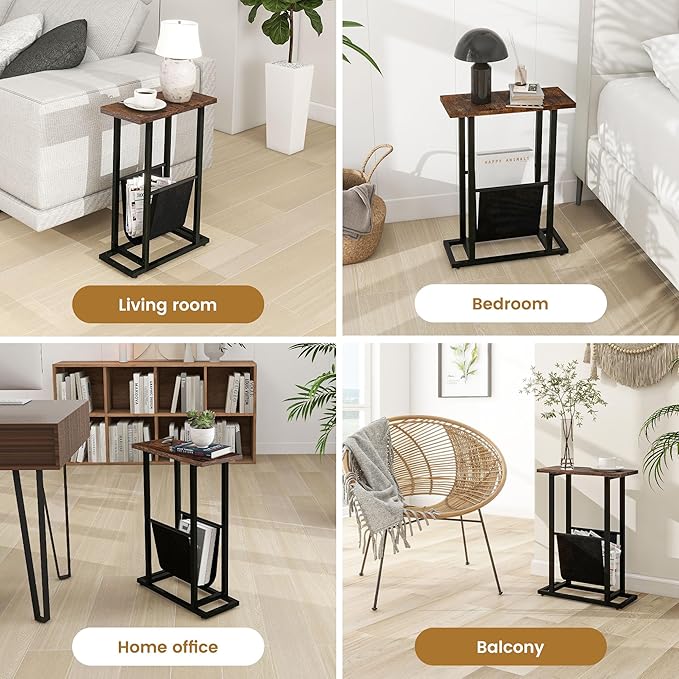 Narrow Side Table with PU Leather Magazine Holder Rustic Slim Little Thin Table for Living Room, Bedroom, Sofa, Rustic Brown