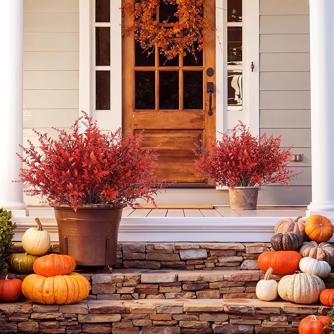 RECUTMS Artificial Fall Flowers Bulk Fall Lavender Fake Plants Artificial Greenery Faux Plants Outdoor Deals 36 Bundles Faux Autumn Plant Fake Shrubs for Indoor Bookshelf Yard Decorations (Wine Red)