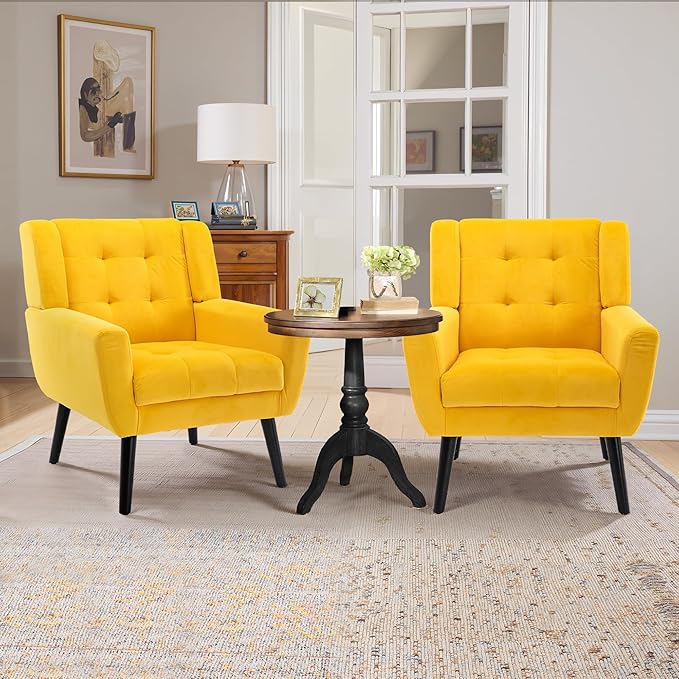 NicBex Accent Chair Set of 2, Modern Chair for Living Room Upholstered Foam Filled Living Room Chairs with Metal Legs Velvet Cozy Lounge Armchair for Living Room Bedroom,Yellow