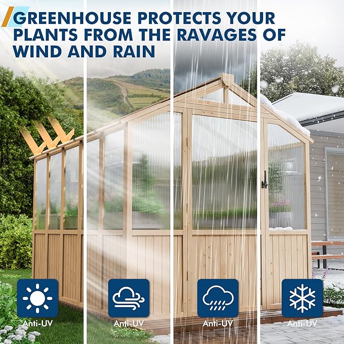 Restland 6x8 FT Wood Greenhouse for Outdoors Reinforced Frame Walk-in Greenhouses with Adjustable Roof Vents & Lockable Door Polycarbonate Green House for Outside